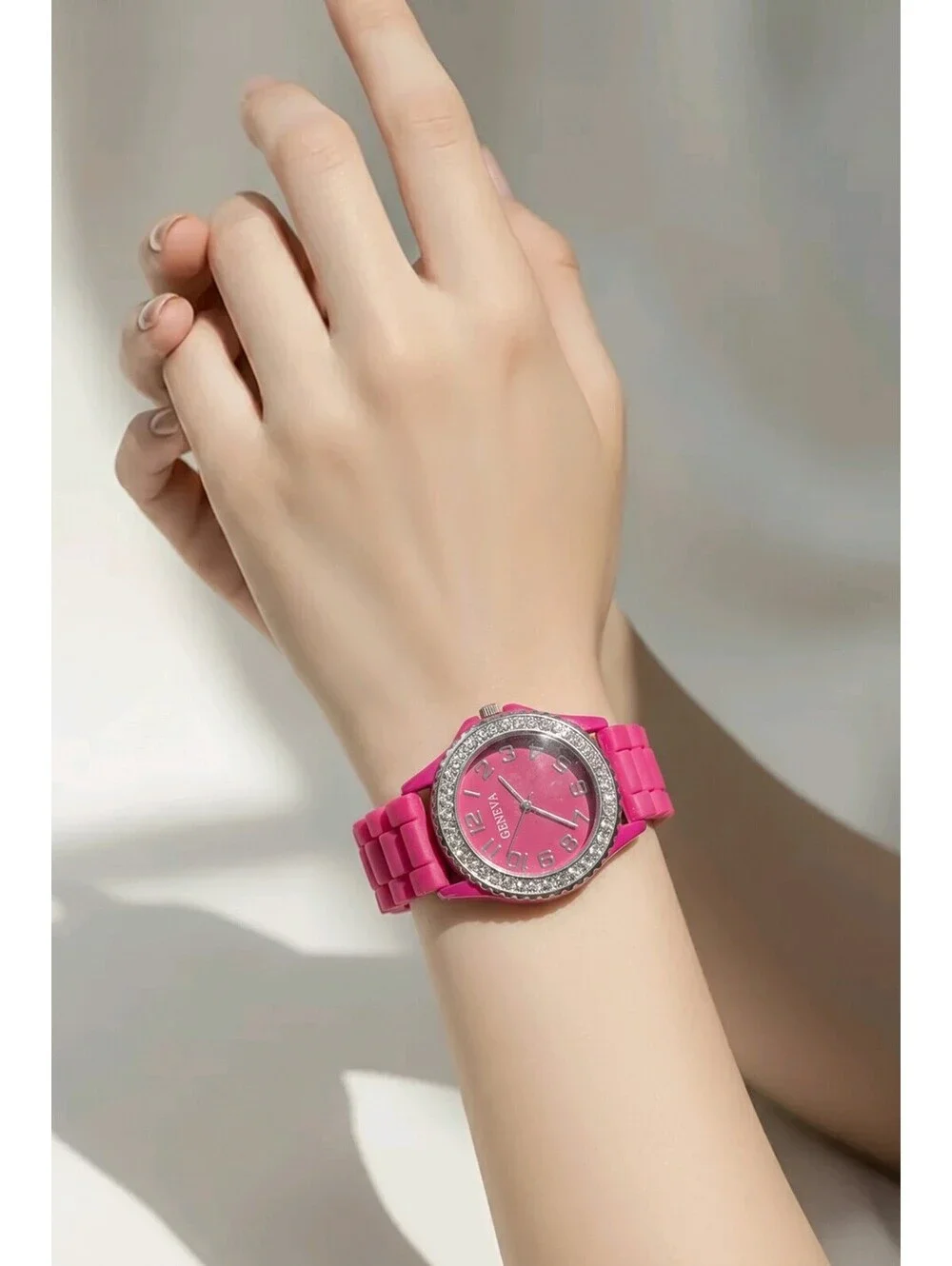 Geneva 5573 Pink Rhinestone Watch Silicone Band Y2K Statement